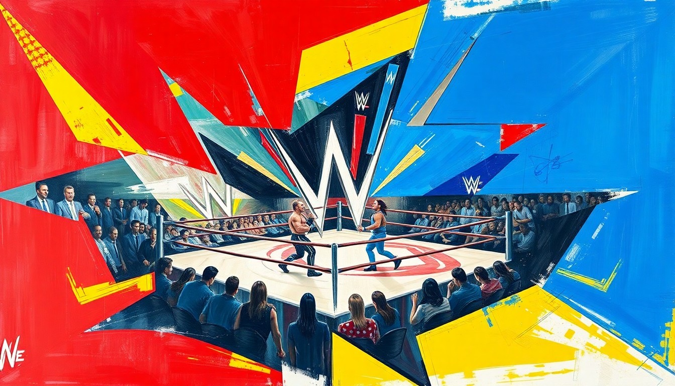 A fragmented, geometric painting depicting the intense action and movement of a WWE wrestling match, with overlapping planes of color and form.