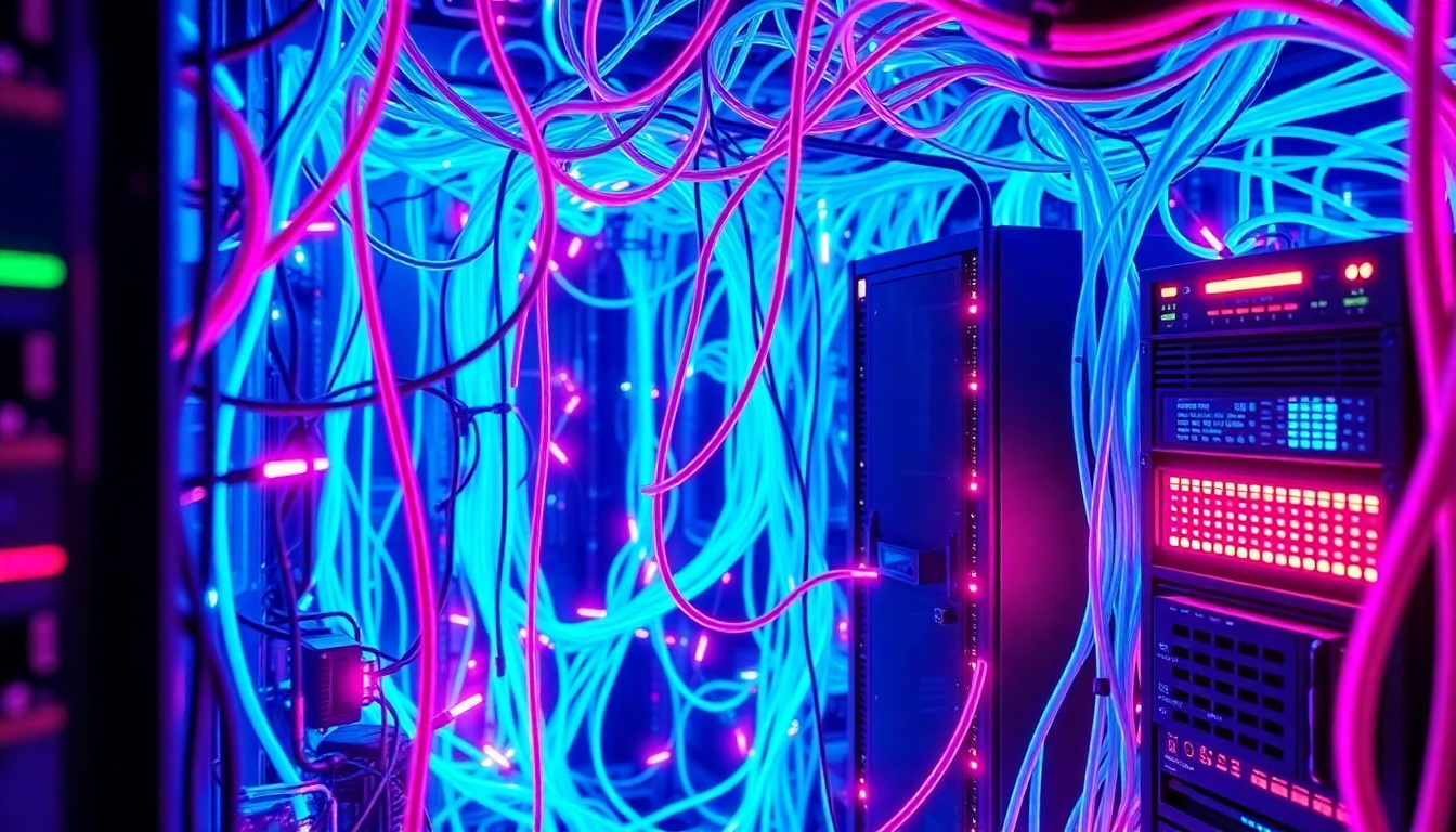 A highly detailed, glowing 3D illustration of a complex cybersecurity network, featuring a tangle of illuminated cables, servers, and other digital components, conveying the intricate and vital nature of this field.