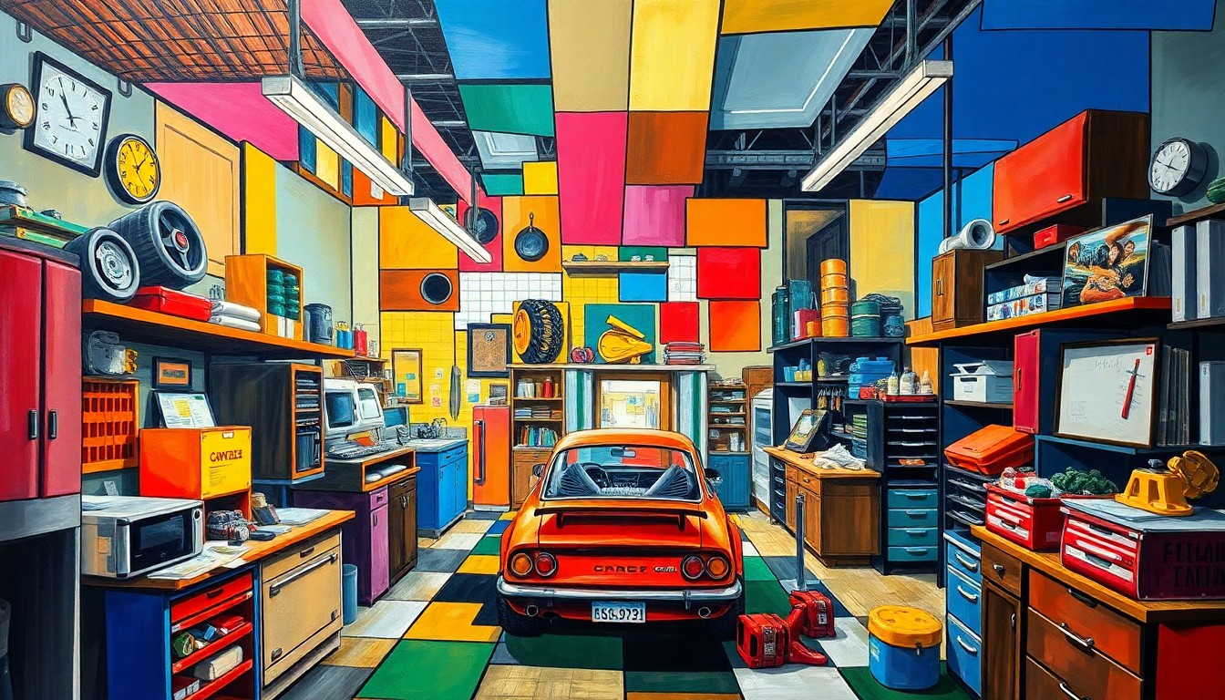 A cubist-style painting depicting the various elements of an auto hobby shop, including tools, car parts, and the intricate processes involved in servicing and customizing vehicles. The image is a conceptual representation of the shop's impact on the global automotive industry.