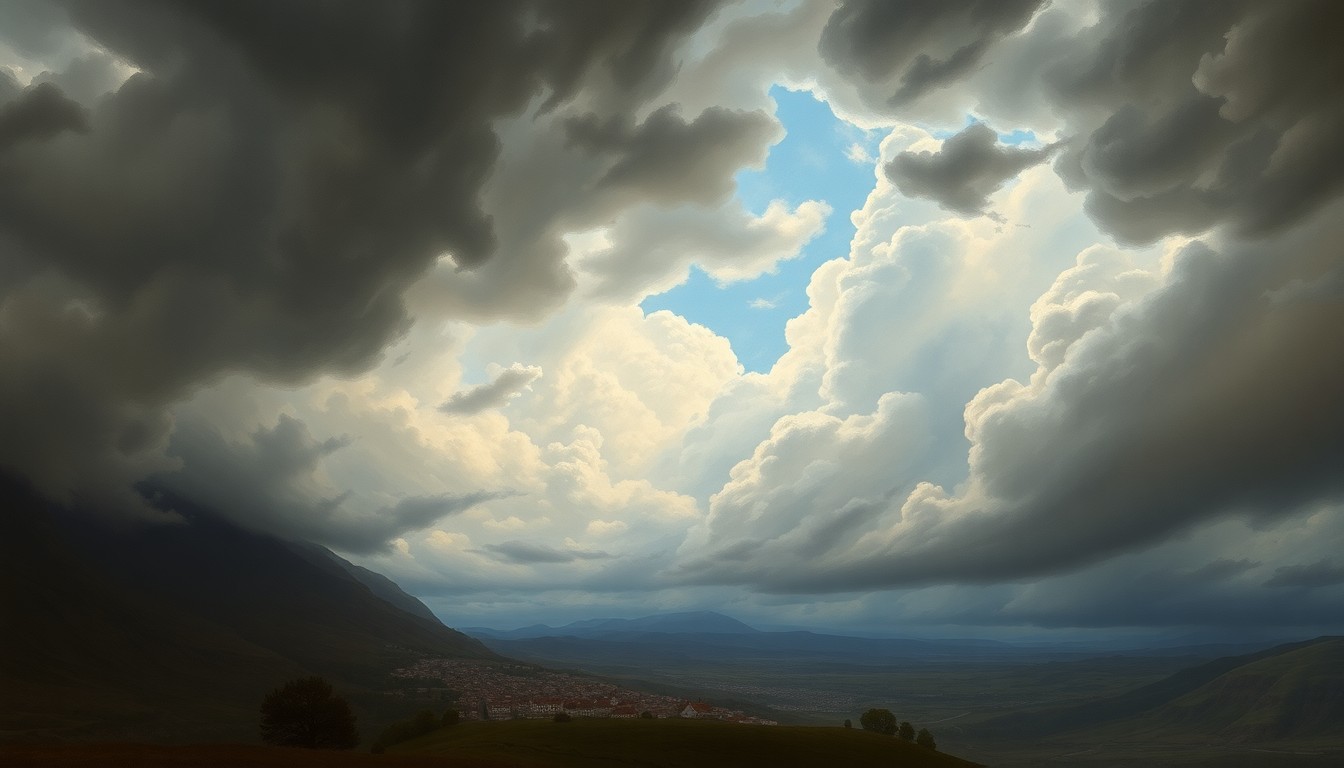 A vast, majestic landscape painting in muted tones, with a small town nestled in a valley beneath a dramatic, stormy sky. The town's structures are dwarfed by the overwhelming power of nature, conveying the sense of awe and vulnerability in the face of a looming natural disaster.