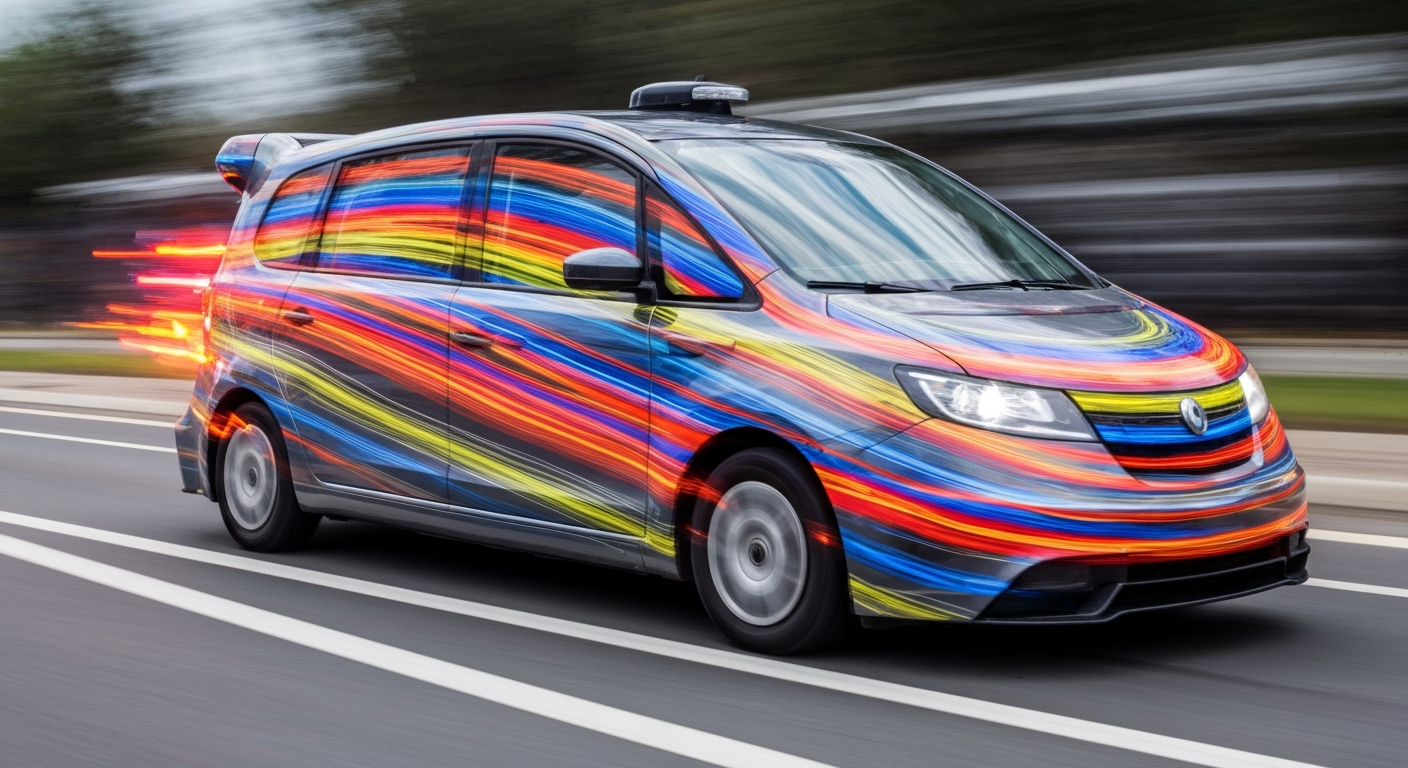 An abstract, blurred image of a Waymo autonomous vehicle captured in motion, with vibrant streaks of color representing the chaos and damage caused by the vandalism incidents.