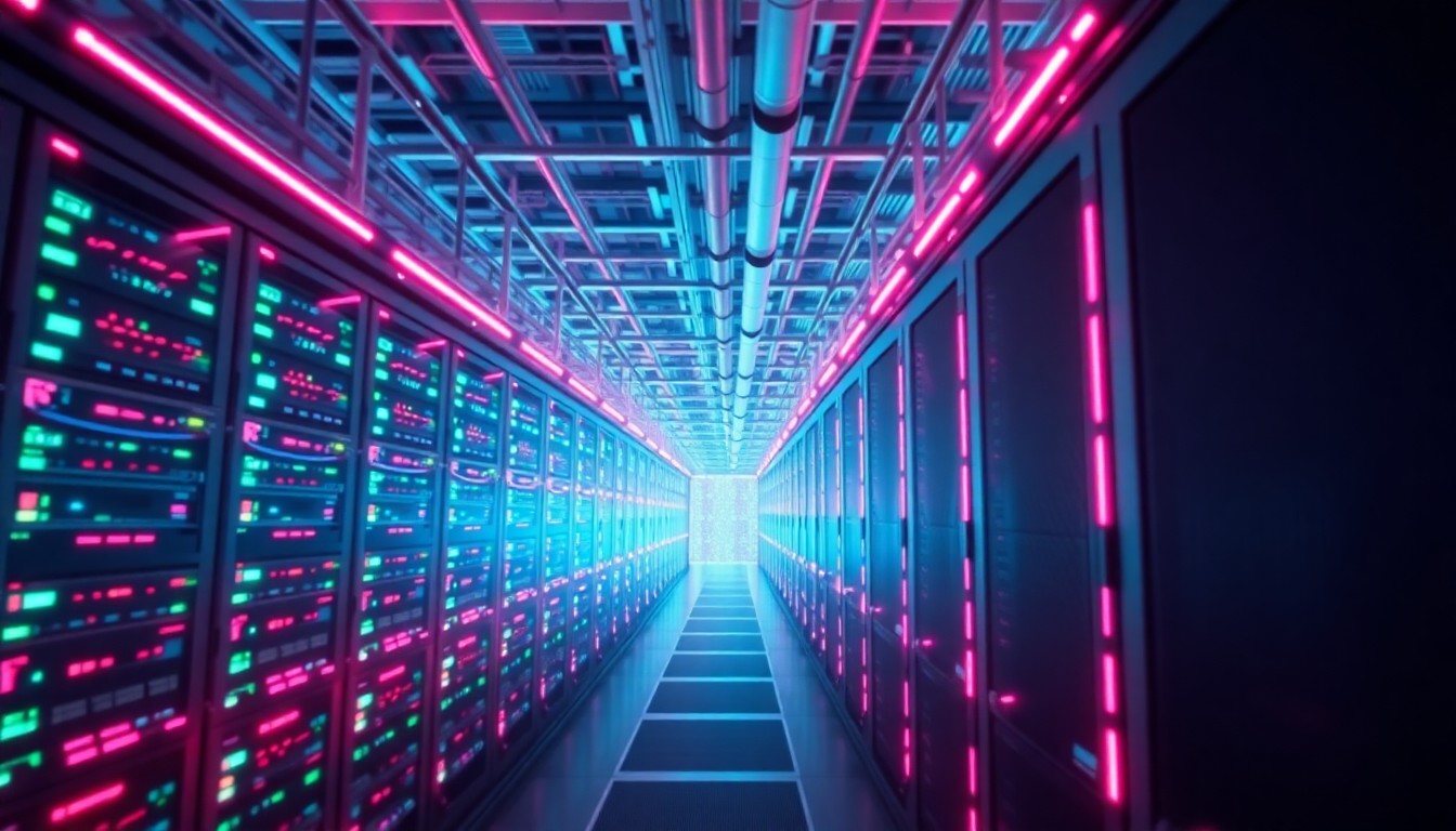 A highly detailed, glowing 3D illustration of a futuristic data center with neon cyan and magenta lights illuminating the servers, cables, and cooling systems, conceptually representing the complex infrastructure powering cloud computing services.