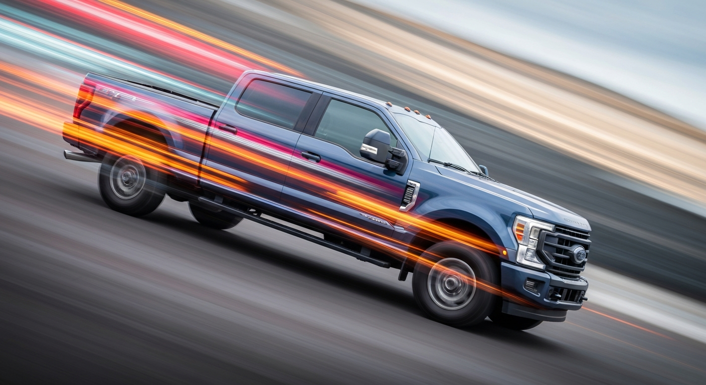 An abstract, sweeping image of a 2024 Ford Super Duty pickup truck, its form reduced to vibrant streaks of color and motion, conveying the vehicle's speed and power.