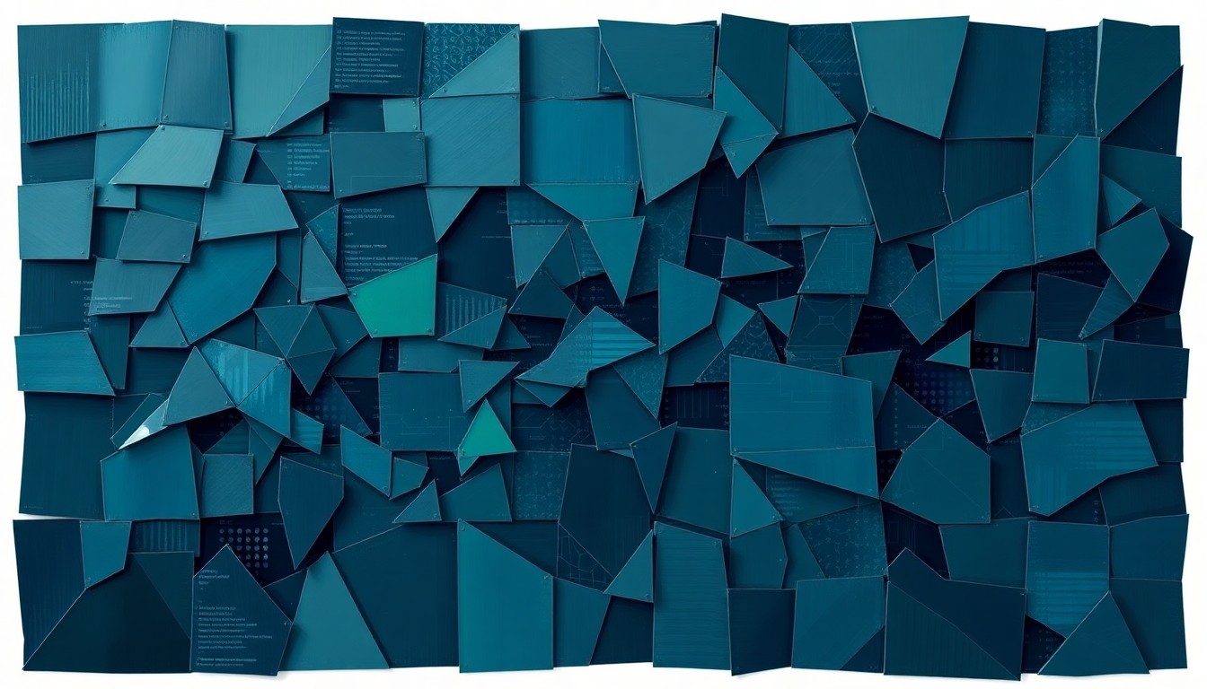 A dynamic, abstract painting featuring overlapping, fractured geometric shapes in shades of blue, green, and grey, conceptually representing the complex and rapidly evolving landscape of state-level AI regulation.