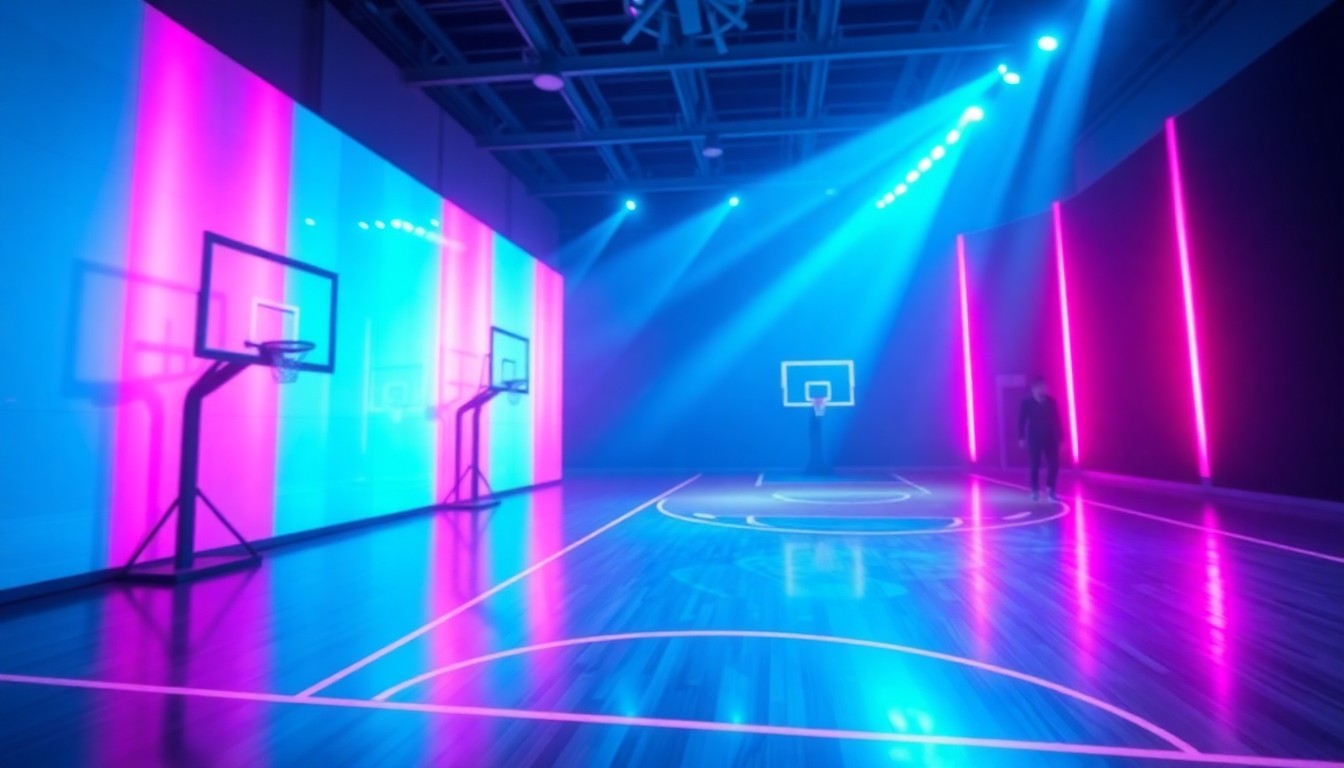 A highly detailed, glowing 3D illustration of a basketball court, with the court lines and hoops illuminated by vibrant neon cyan and magenta lights, creating a futuristic and cyberpunk-inspired aesthetic that captures the transformative power of sports and celebrity culture.