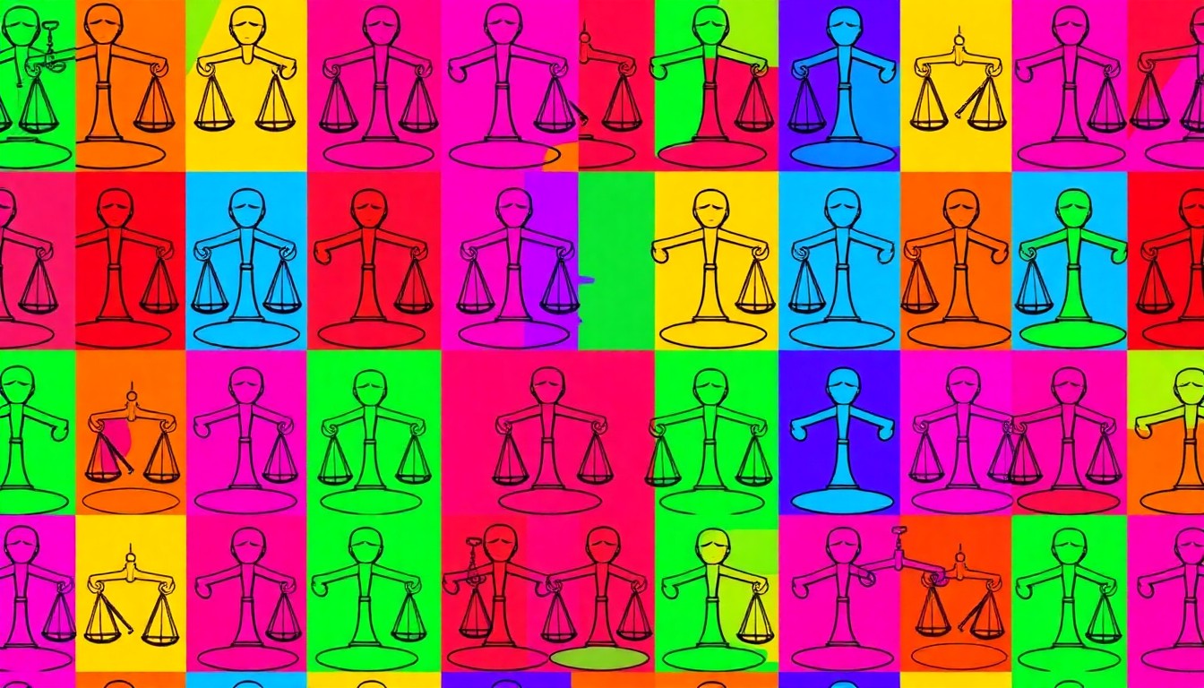 A highly stylized, silkscreen-inspired illustration featuring a repeated pattern of a gavel or scales of justice in a vibrant, neon color palette, conceptually representing the Bhagavad Gita's emphasis on combating wrongdoing and restoring righteousness.