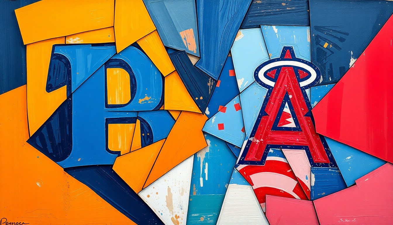 A dynamic, abstract painting featuring sharp, overlapping geometric shapes and planes in the Padres' navy blue and orange, and the Angels' red and white, conveying the tension and excitement of the pitchers' duel between the two teams.