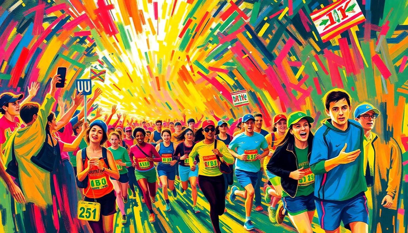 A dynamic, colorful painting with bold, expressive brushstrokes in neon shades of pink, orange, and yellow, capturing the vibrant atmosphere and enthusiastic cheering of Wellesley College students supporting runners in the Boston Marathon.
