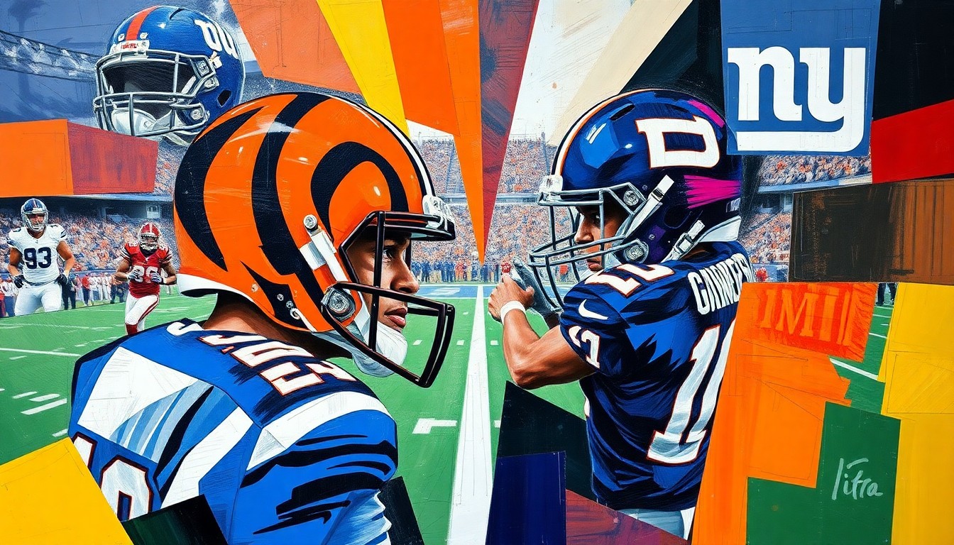 A cubist, geometric painting depicting a football game or match, with sharp, overlapping planes of color and form representing the action on the field.