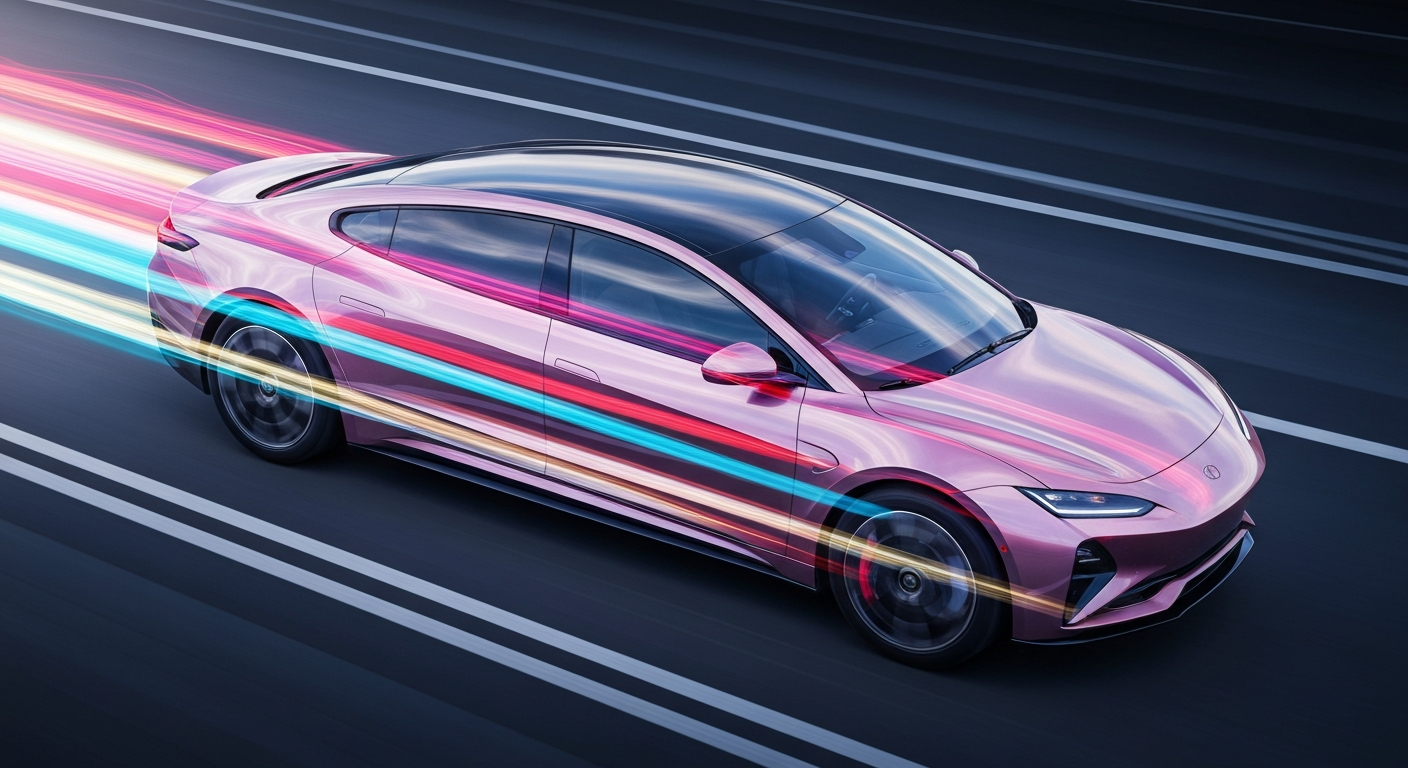 An abstract, blurred image of a speeding electric vehicle, its body reduced to vibrant streaks of color that convey a sense of power and modern engineering.