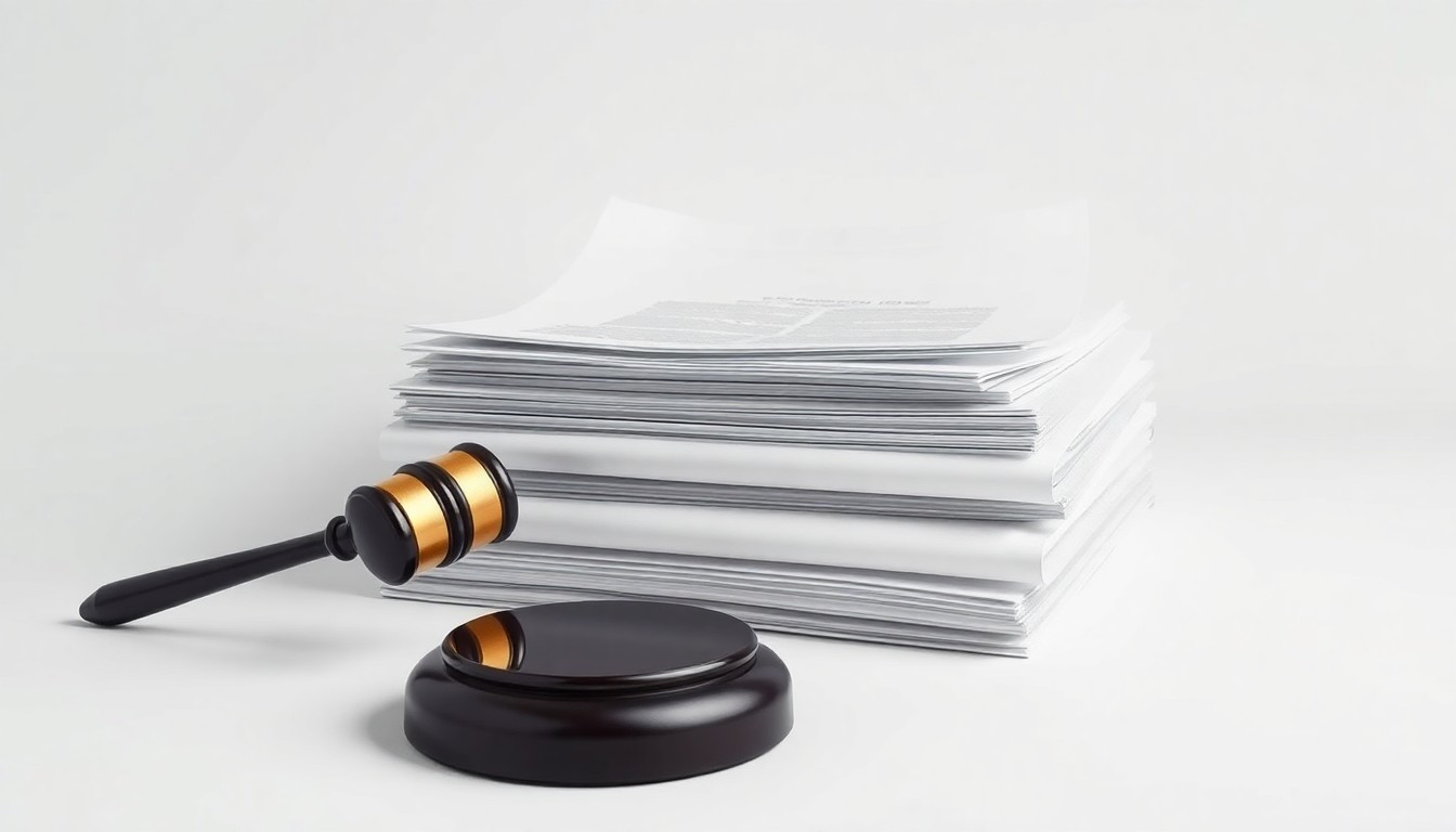 A photorealistic studio still-life image featuring a stack of legal documents and a gavel on a clean, monochromatic background, symbolizing the legal proceedings and potential impacts of the OSC lawsuit on PACE financing programs.