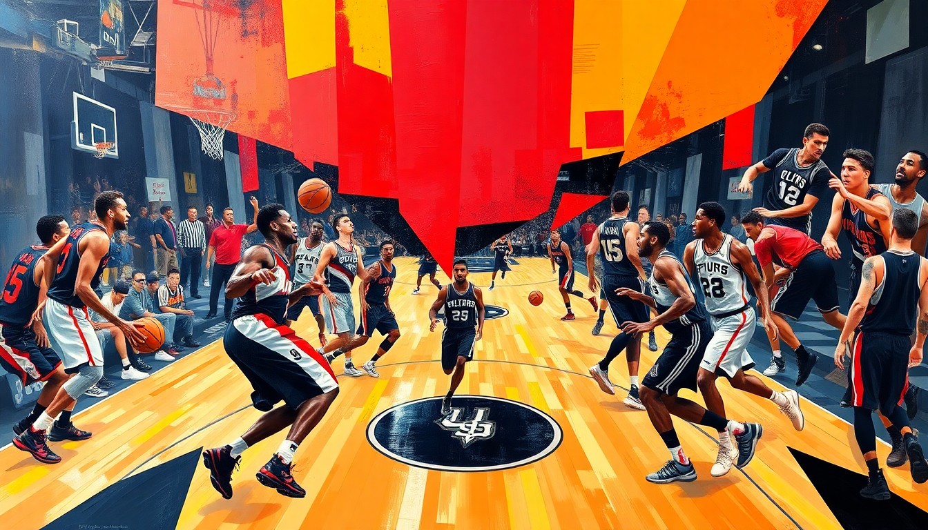 A cubist, geometric painting depicting a basketball game between the Portland Trail Blazers and San Antonio Spurs, with the players' forms fractured and overlapping in a vibrant, abstract composition.