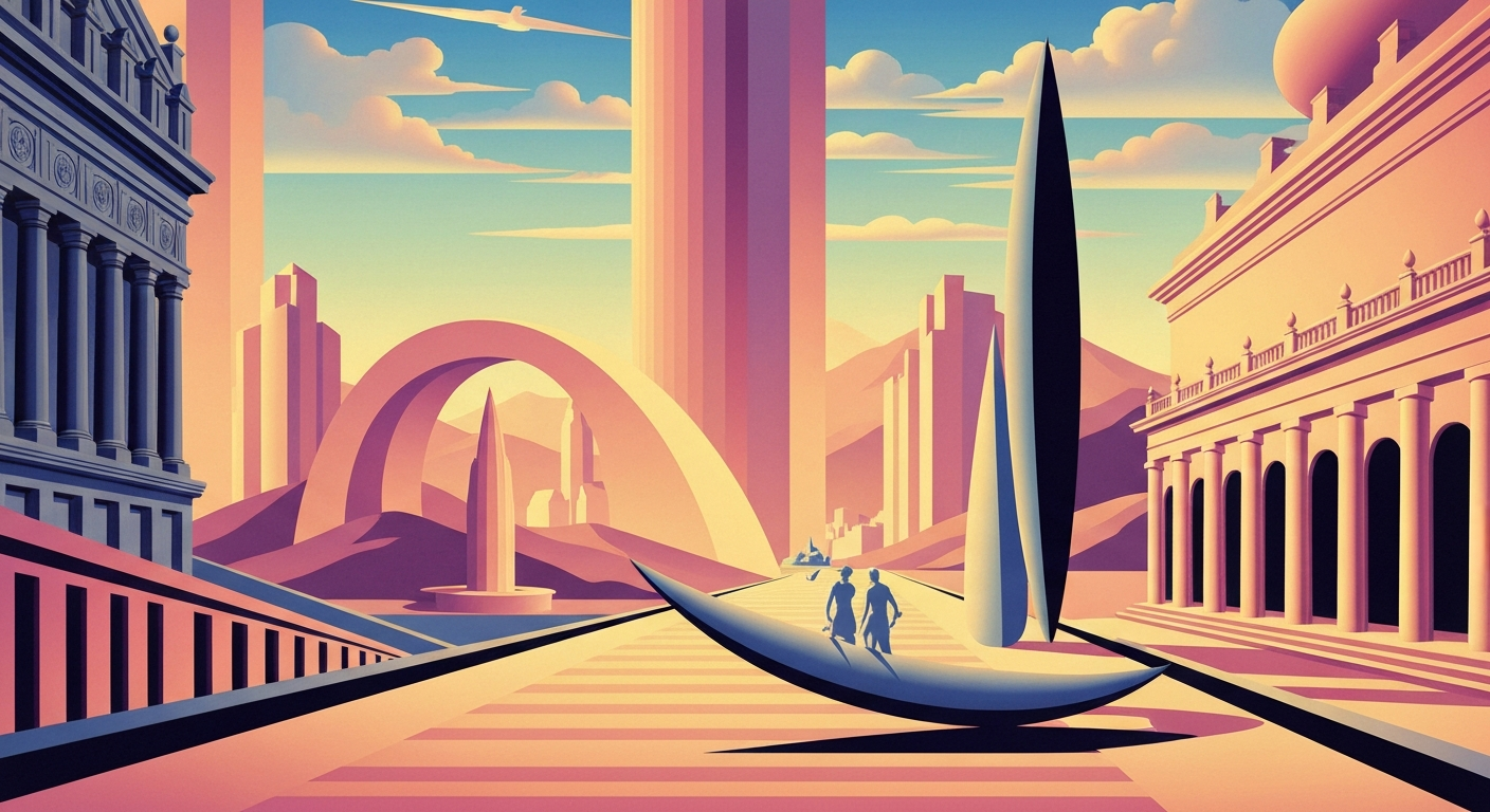 A bold, geometric illustration in the Art Deco style depicting the grand scale and sweeping landscapes of Aiken, South Carolina, with towering forced perspectives and smooth, airbrushed gradients, capturing the romantic allure of this charming Southern city.