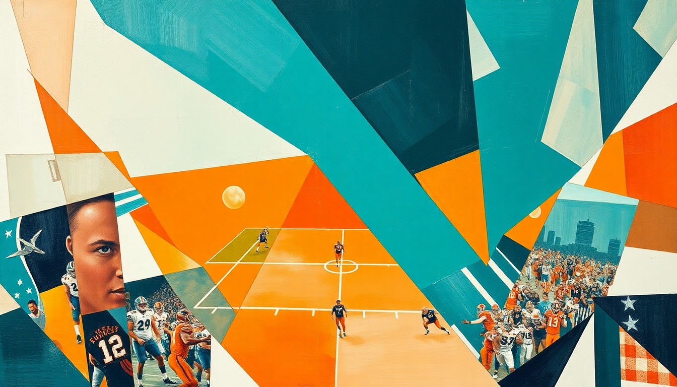 A cubist, geometric painting depicting a fragmented football game, with sharp planes of teal, orange, and white representing the dynamic action on the field.