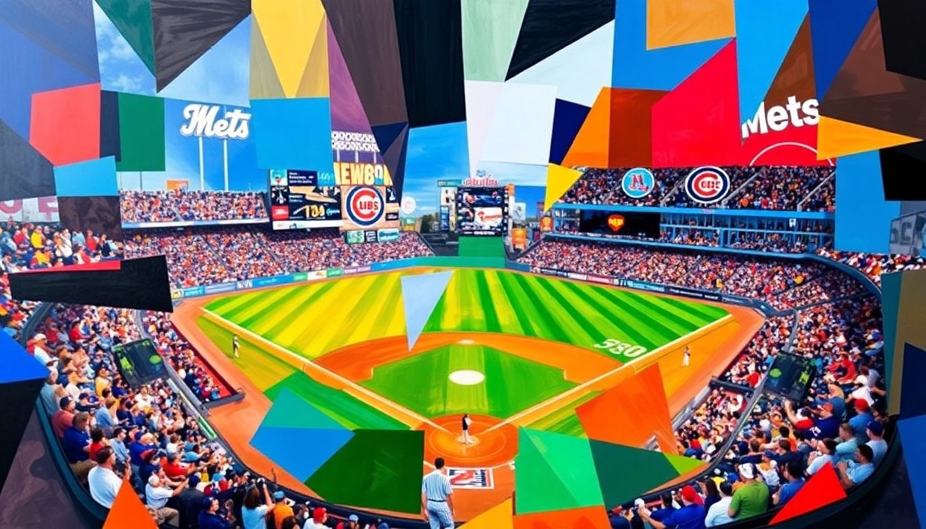 A vibrant, abstract painting featuring sharp, overlapping geometric shapes and planes of color, representing the action and intensity of a baseball game between the Cubs and Mets.