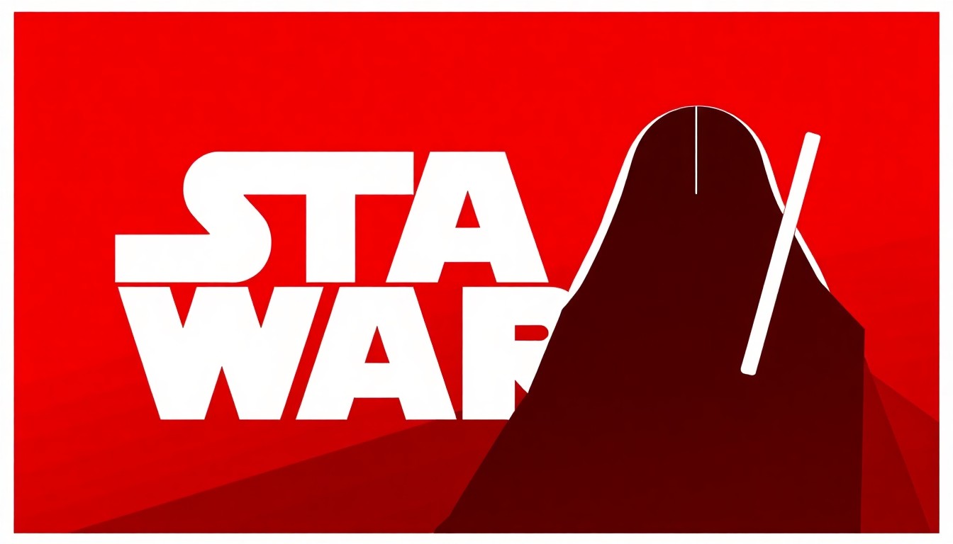 A striking abstract illustration featuring bold, jagged shapes in red and white, conceptually representing the Star Wars logo and characters without any text or literal imagery.