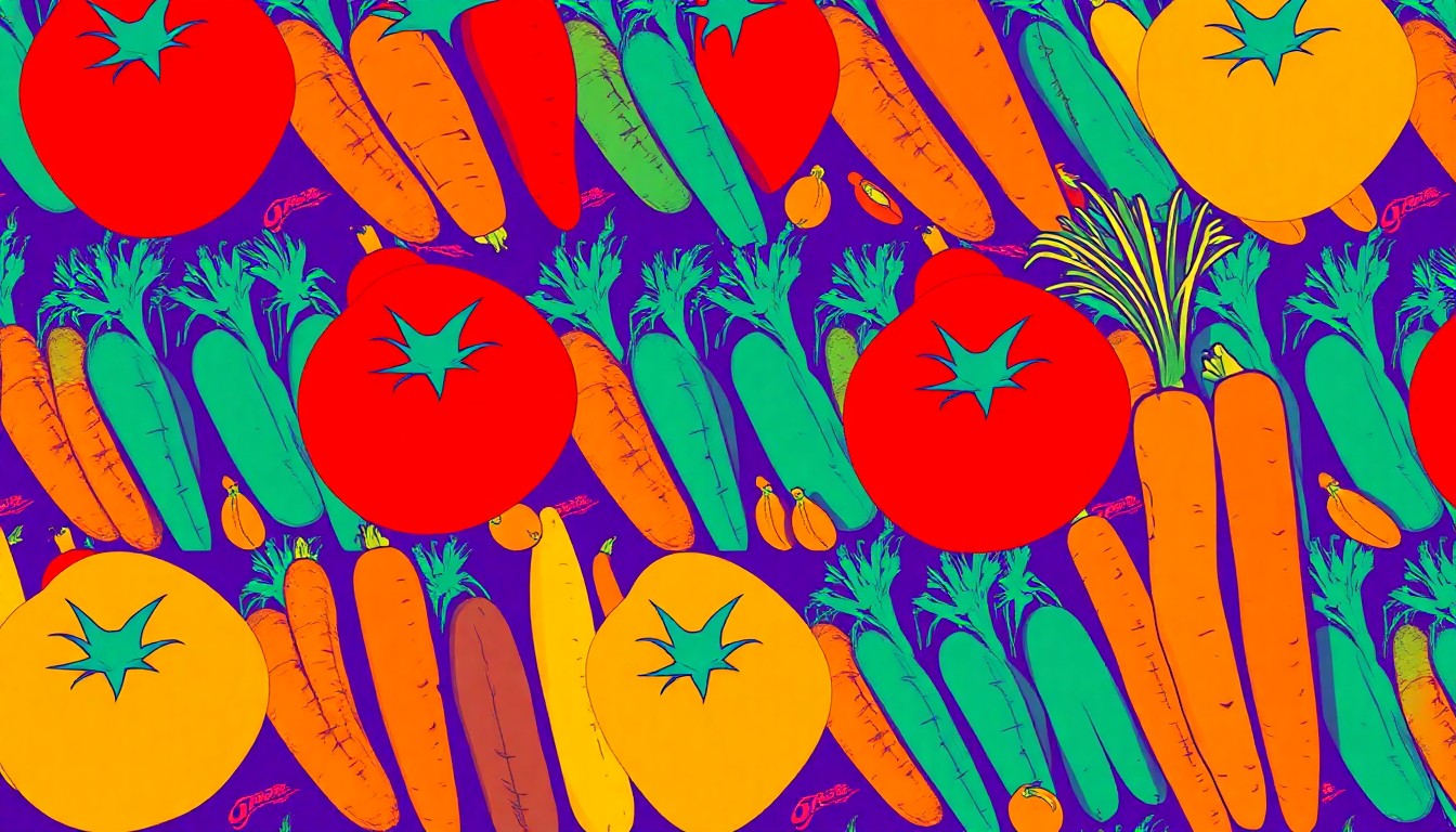 A bold, colorful silkscreen print featuring multiple images of a vibrant red tomato repeated in a grid pattern, conceptually representing the fresh produce and artisan goods that will be available at the new Grant Park market.