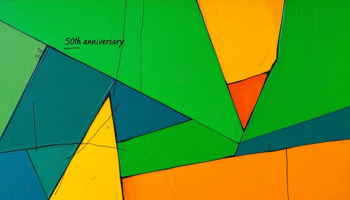 A cubist, geometric painting with overlapping planes of green, ochre, and indigo, conceptually representing the joyful energy of a community festival.