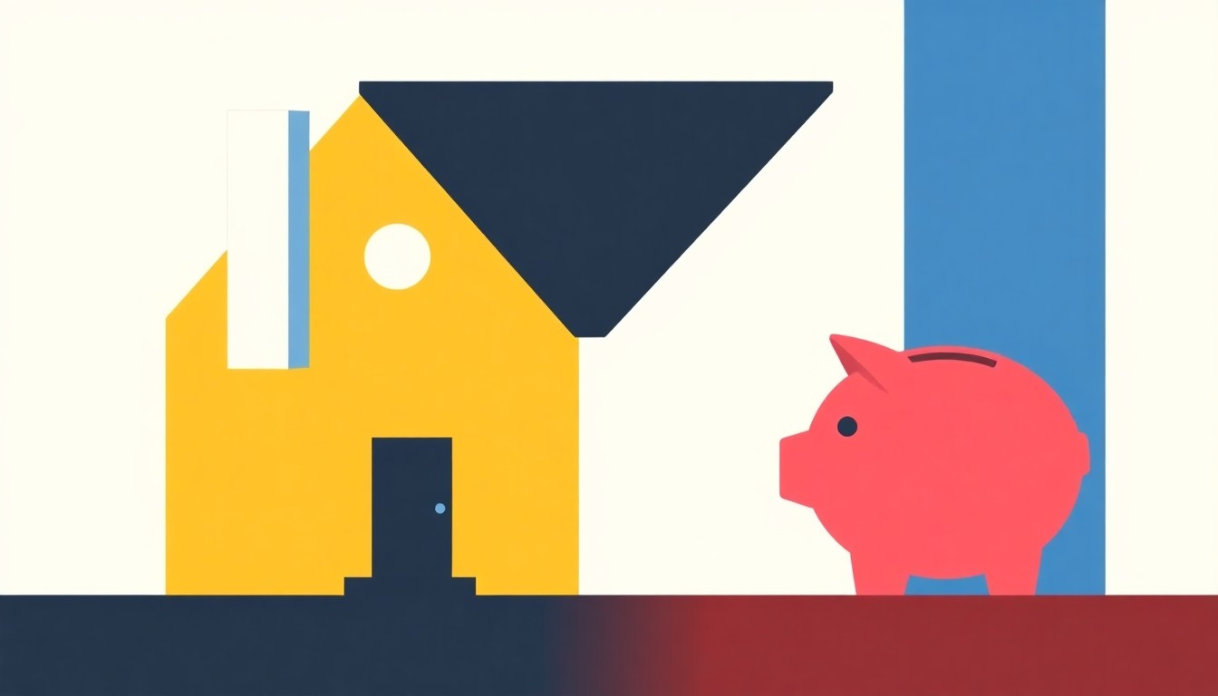 A minimalist abstract composition of overlapping geometric shapes in primary colors, representing the complex dynamics of housing supply and demand.