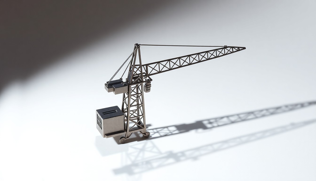 A photorealistic studio still-life image featuring a polished metal paperweight in the shape of a construction crane, resting on a clean white background. The dramatic lighting casts deep shadows, conceptually illustrating the complex financial and market factors impacting the infrastructure sector.