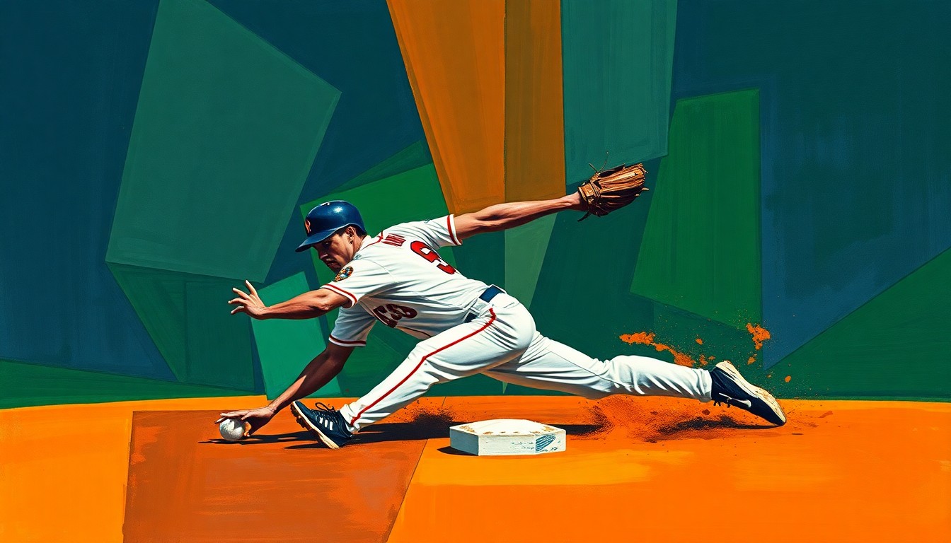 A fragmented, geometric painting depicting a baseball player sliding into second base, with sharp planes of navy, green, and orange colors creating a dynamic, abstract composition.