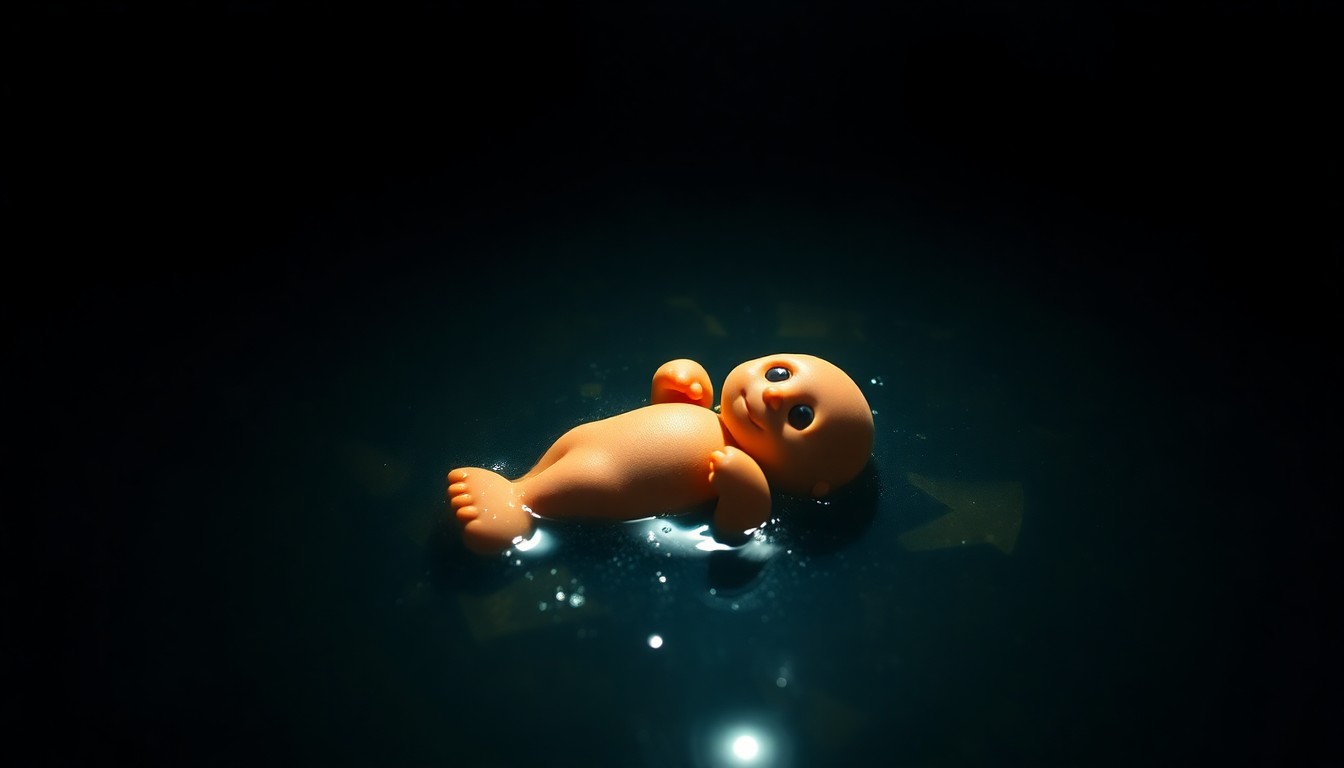 An extreme close-up photograph of a child's toy floating in murky water, lit by a harsh, direct camera flash against a pitch-black background, conceptually representing the tragic loss of a young life in a reported drowning incident.
