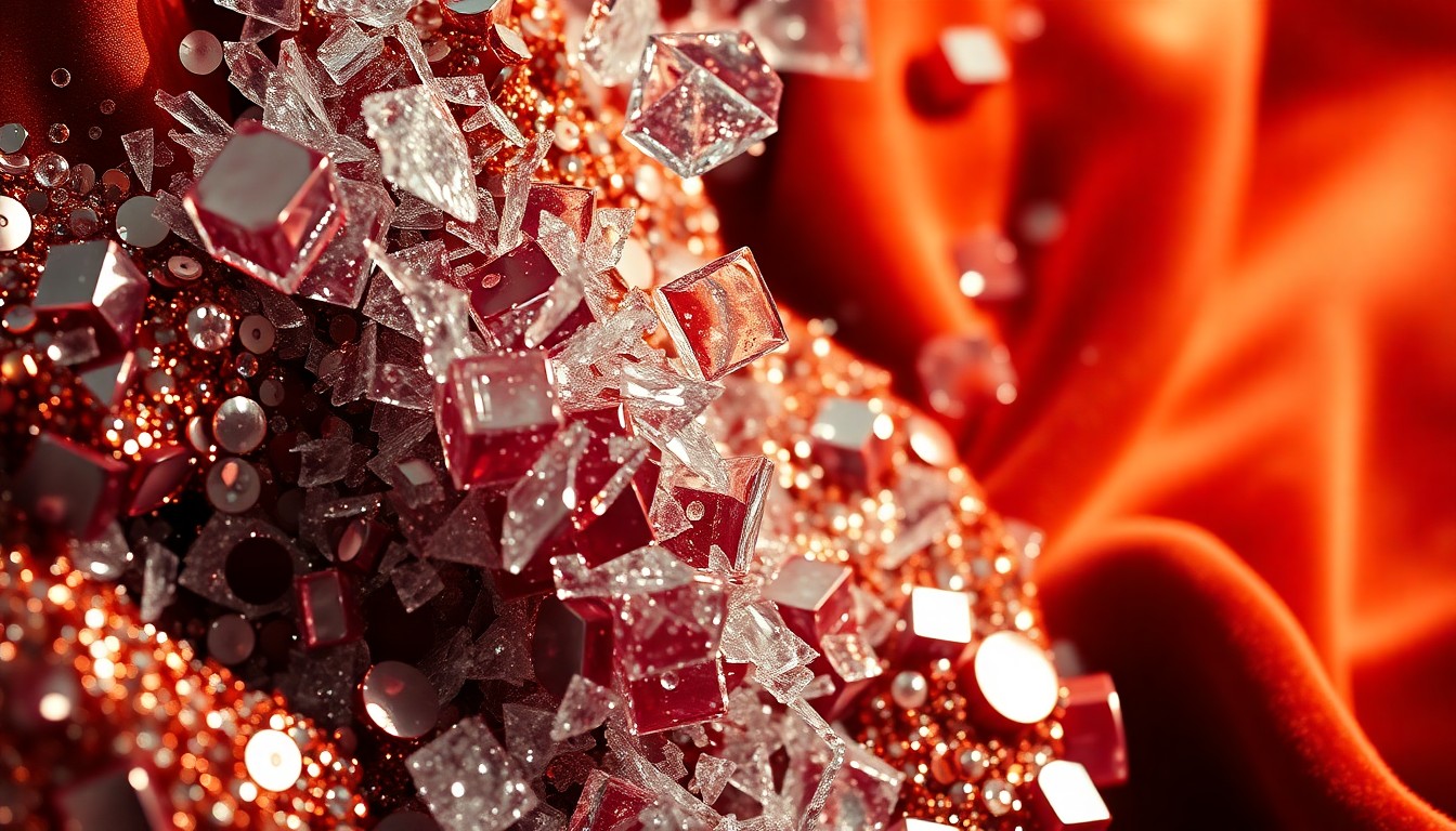 An abstract, high-contrast close-up photograph featuring shattered glass, glittering sequins, and plush velvet textures, conceptually representing the glamour and drama of reality TV celebrity culture.