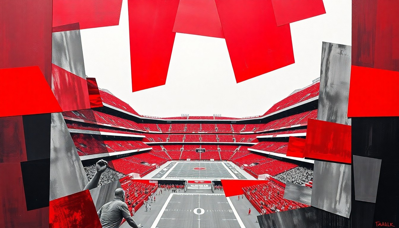 A cubist, geometric illustration depicting the iconic Ohio Stadium broken down into overlapping planes of scarlet red, gray, and white, conveying the fragmentation and tension surrounding the university's stadium upgrade plans.