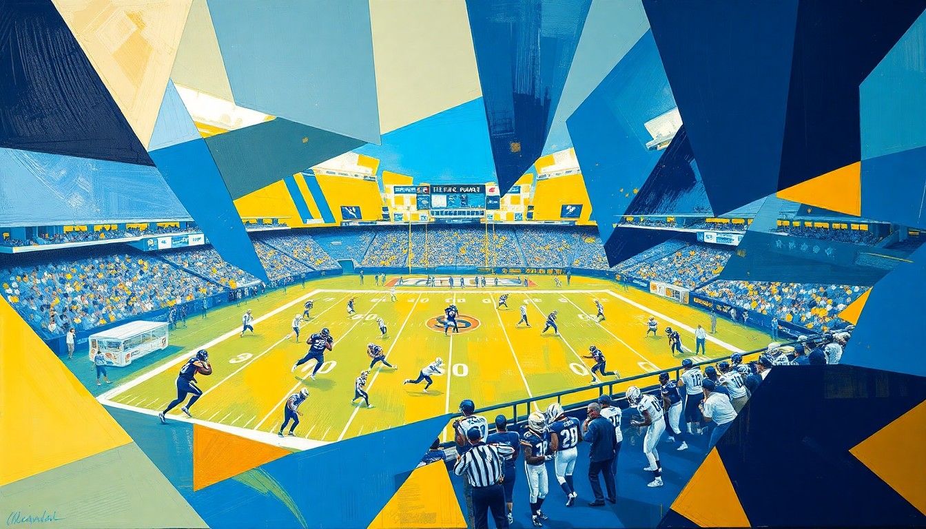 A fractured, multi-perspective painting in the style of Pablo Picasso, breaking down a Chargers football game or practice into sharp, overlapping geometric planes of powder blue, gold, and navy blue. The image conceptually represents the team's need to rebuild and refocus their roster ahead of the 2026 season.