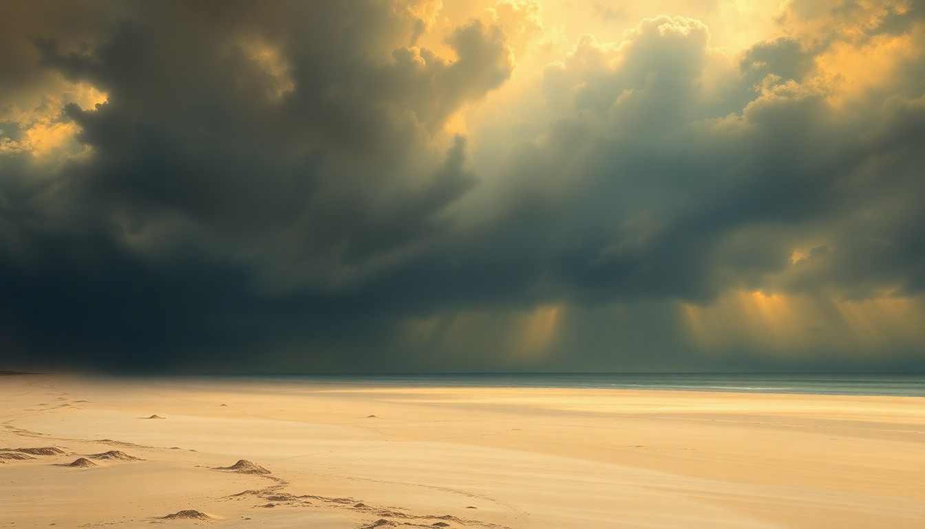A vast, atmospheric landscape painting depicting a coastal Florida beach scene under a dramatic, hazy sky, conveying the overwhelming scale and power of the natural environment.