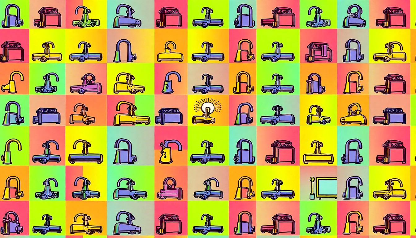 A bold, abstract grid of a single luxury home item such as a faucet or fireplace, rendered in a high-contrast, neon-colored pop art style that captures the essence of high-end urban living.