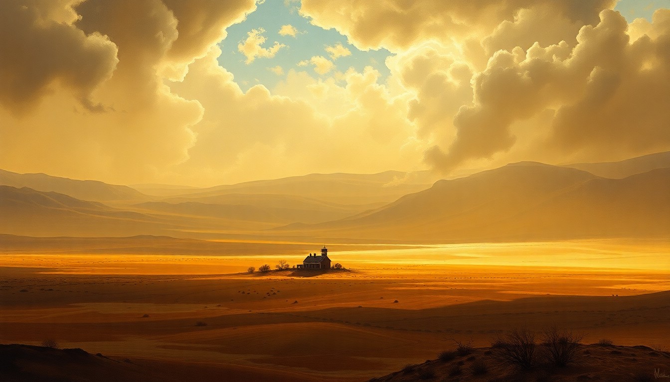 A vast, atmospheric landscape painting in muted earth tones, with a small, isolated farmhouse or water tower structure dwarfed by the expansive, arid environment, conveying the overwhelming scale and impact of drought conditions.