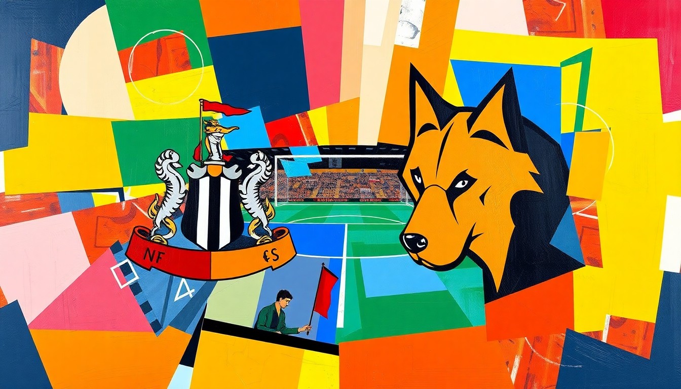 A fragmented, geometric painting in vibrant colors representing a Premier League football match between two teams, with overlapping planes and shapes conveying the intensity and strategic nature of the game.