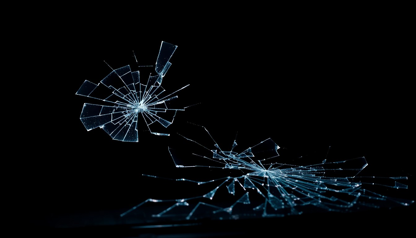 An extreme close-up photograph of a shattered car windshield, the cracks and fractures in the glass conceptually representing the devastation of a serious traffic collision.