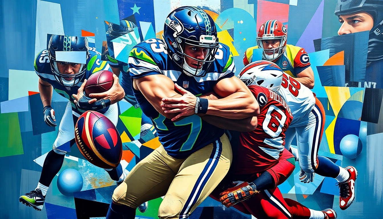 A cubist, geometric painting depicting a linebacker in motion, with sharp, overlapping shapes and planes in the colors of the Seahawks and Georgia Bulldogs uniforms.