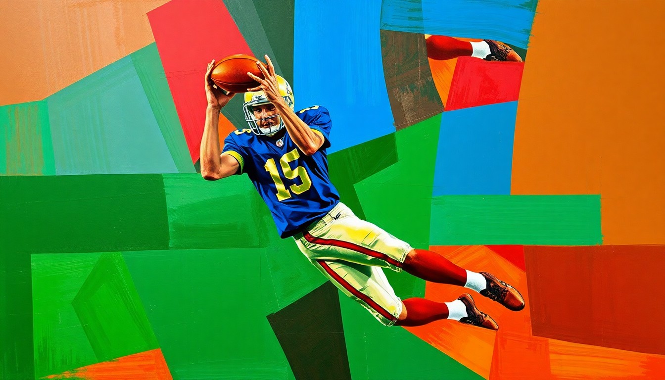 A fragmented, geometric painting depicting a football player in mid-catch, with sharp planes of color and form capturing the dynamic motion of the sport.