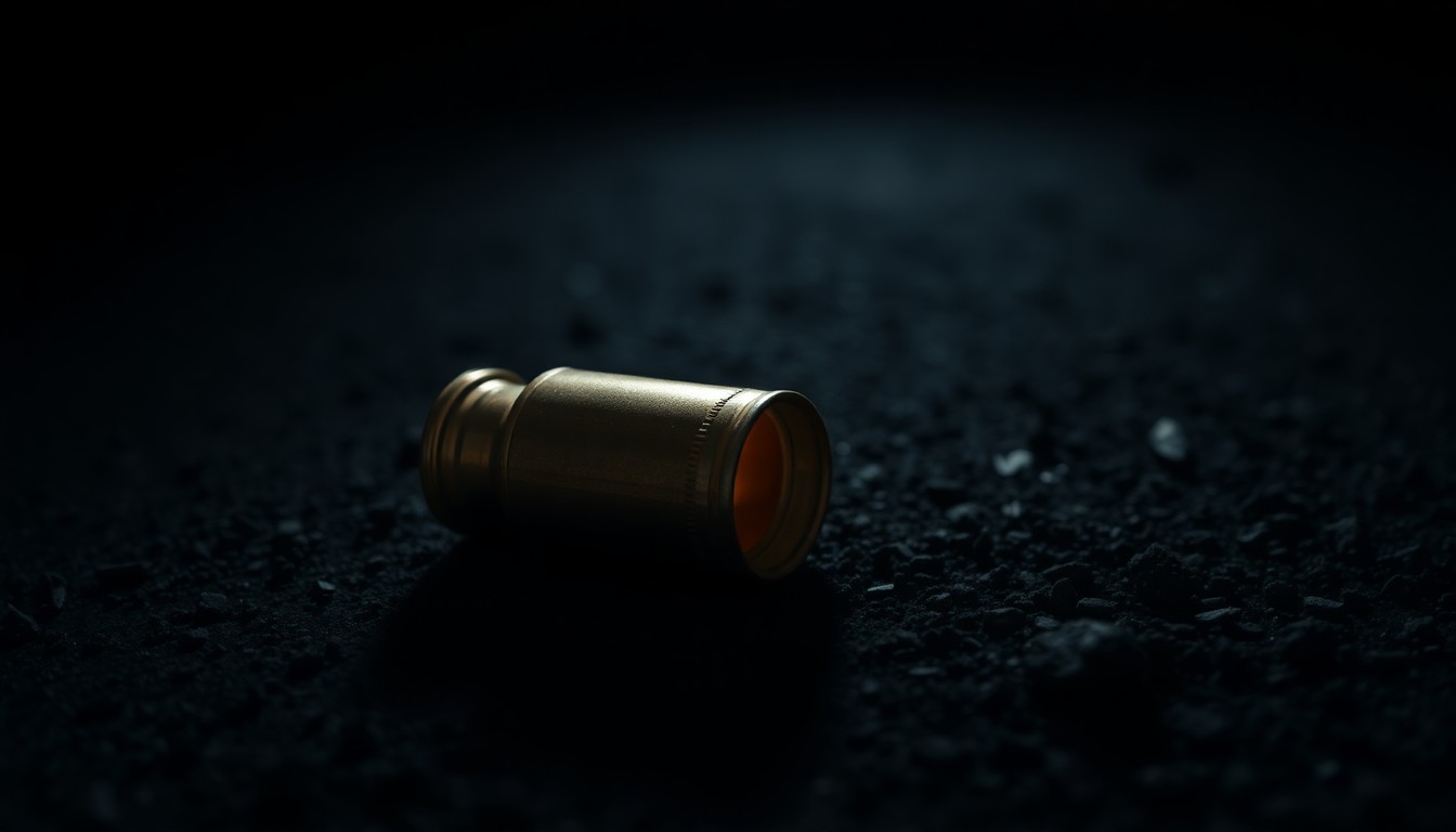 An extreme close-up of a single spent shell casing on a dark, textured surface, lit by a harsh, direct camera flash, creating a gritty, investigative aesthetic without any words or symbols.