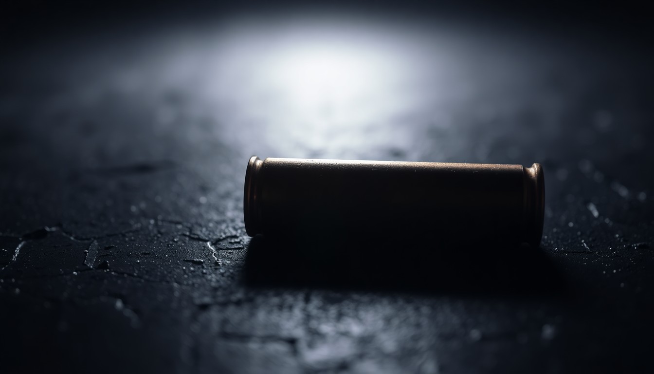 An extreme close-up photograph of a spent shell casing on a dark, textured surface, lit by a harsh, direct camera flash, creating a stark, gritty, investigative aesthetic.