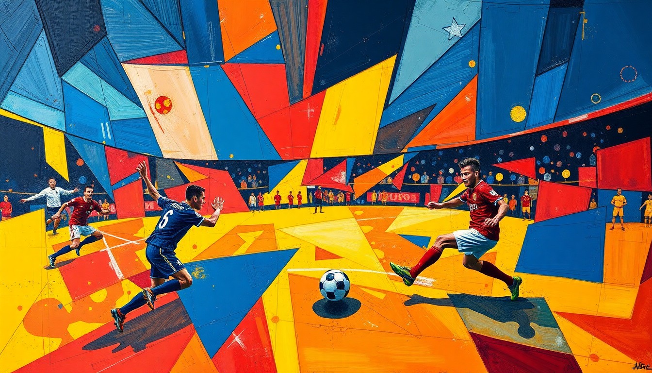 A cubist, geometric painting depicting the dynamic movements and energy of a soccer match, with players and the ball fractured into overlapping planes of navy, crimson, and goldenrod.