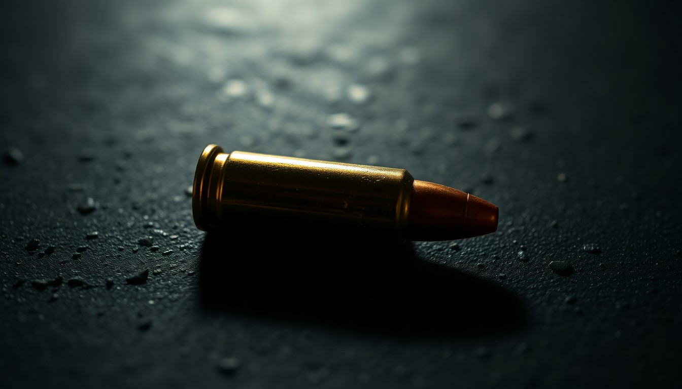 An extreme close-up photograph of a single spent bullet casing on a dark, textured surface, lit by a harsh, direct camera flash, conceptually representing the aftermath of a shooting incident.