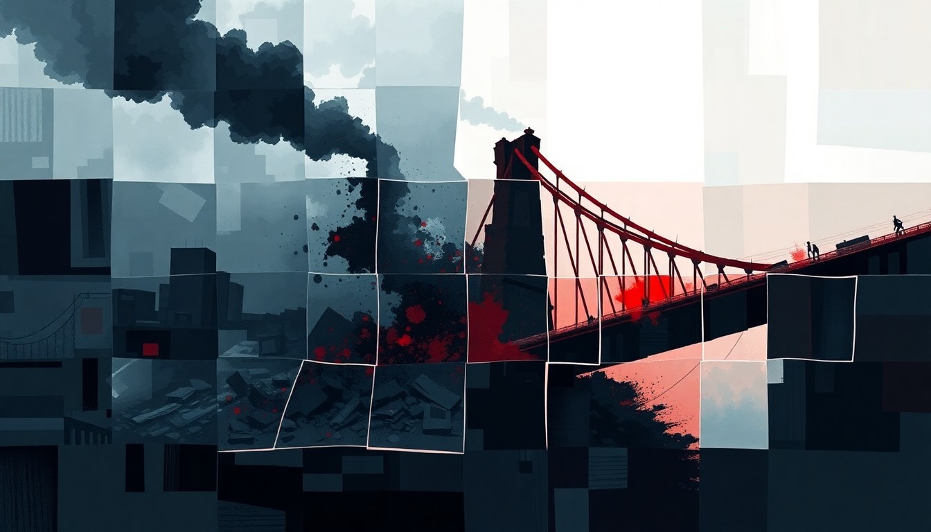 A fractured, geometric painting in shades of gray, blue, and red, depicting the crumbling remains of a power plant and a collapsing bridge, conveying a sense of political and military turmoil.