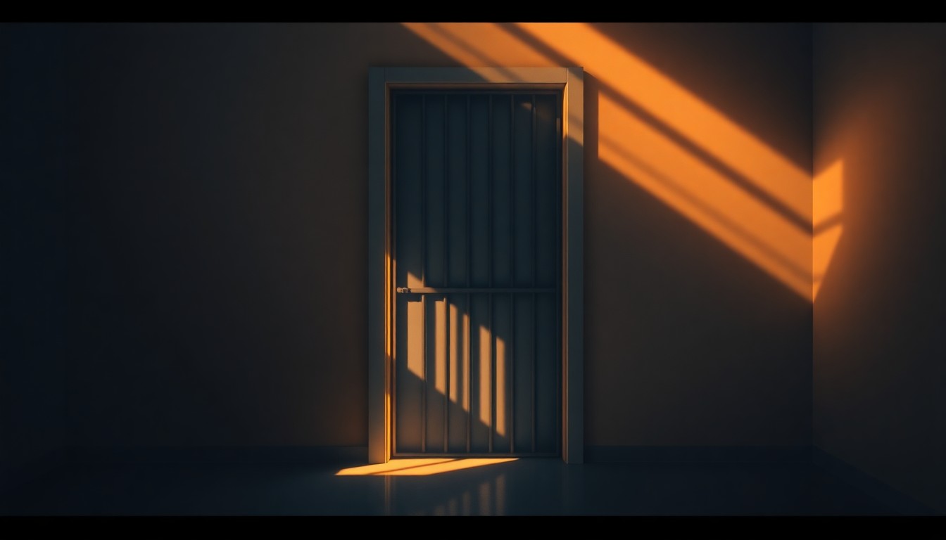 A serene, cinematic painting of a prison cell door in warm sunlight, evoking the somber mood of the debate over early parole for violent criminals.