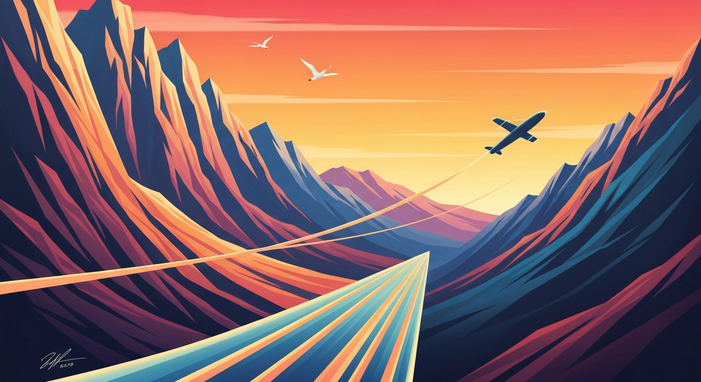 A sweeping, geometric landscape illustration in the Art Deco style, featuring towering mountains and a starry night sky, conceptually representing the dark sky preservation and glamping experience at the new Under Canvas Yosemite property.