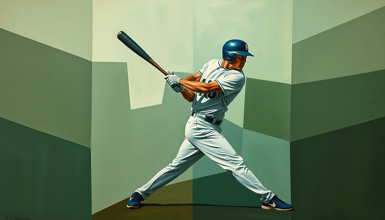 A fragmented, geometric painting depicting a baseball player's batting motion broken down into sharp, overlapping planes of color, conceptually representing the nuances of assessing a player's offensive decline.