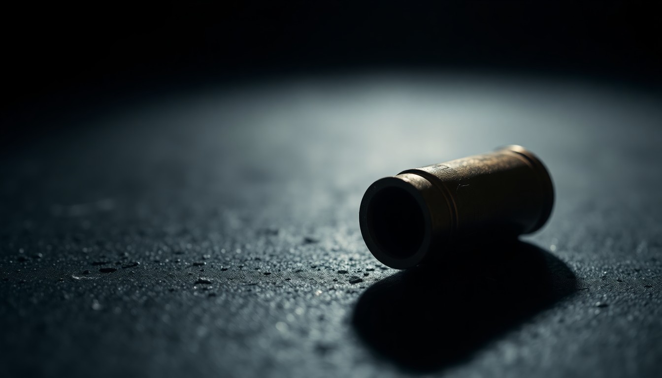 An extreme close-up photograph of a single spent shell casing on a dark, textured surface, lit by a harsh, direct camera flash, conceptually representing the physical evidence left behind at a crime scene.