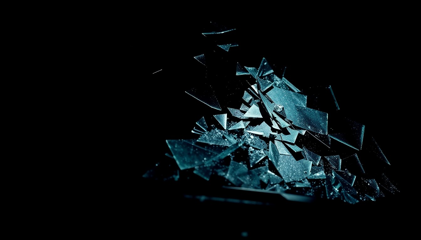 An extreme close-up photograph of a shattered car windshield or other damaged vehicle component, capturing the gritty, investigative nature of the crash scene.