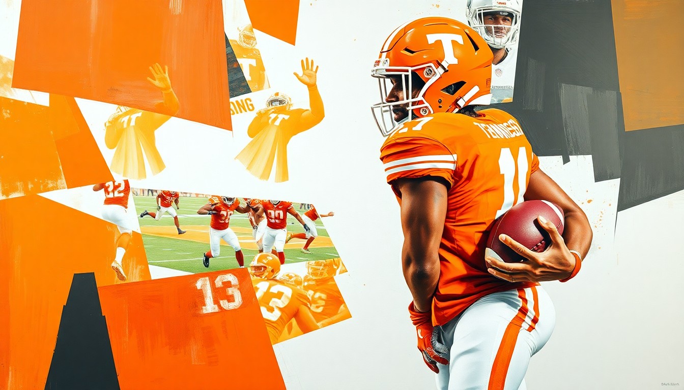 A cubist, geometric painting depicting a Tennessee football player in action, with the player's form broken down into overlapping planes of orange and white.