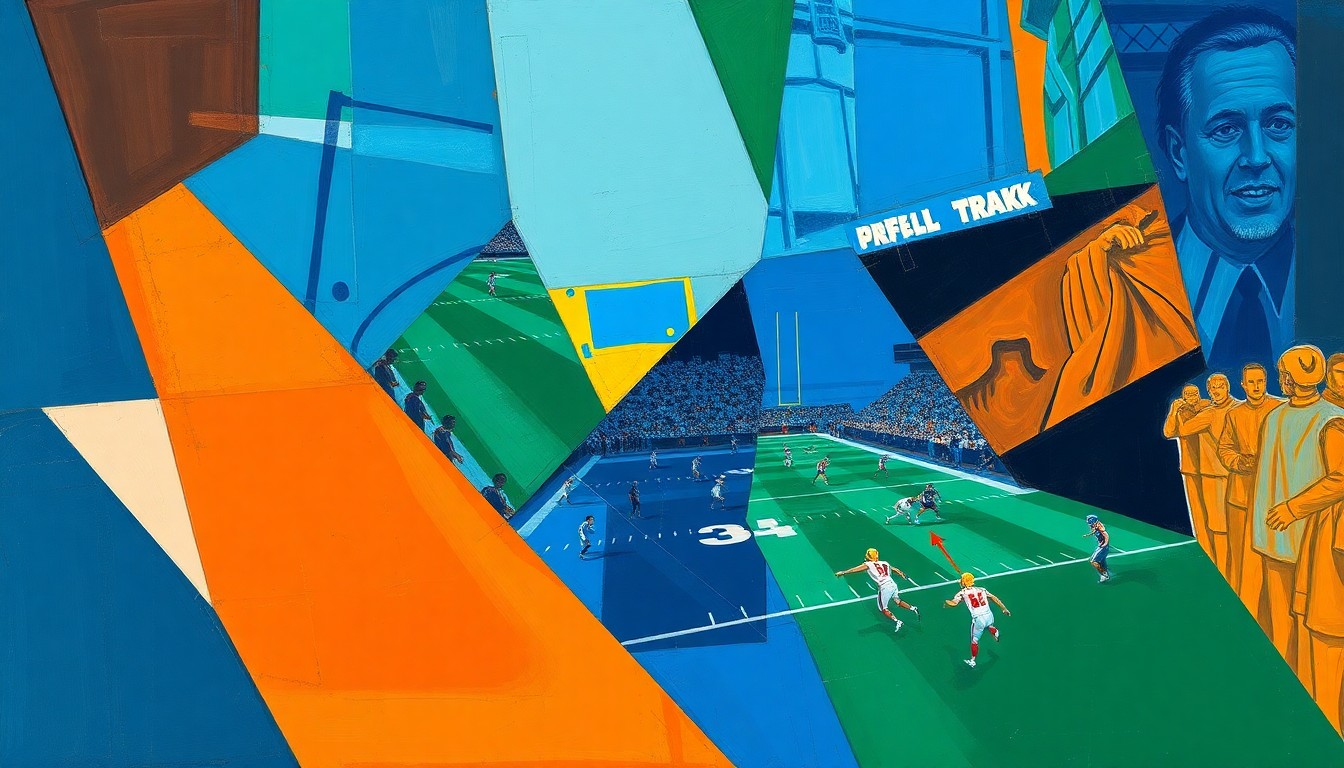 A fragmented, geometric painting depicting an abstract football scene, with sharp planes of color representing the strategic decisions around the Giants' offensive line and defensive front.
