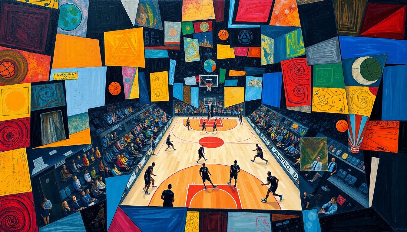 A cubist-style painting depicting a basketball game broken down into overlapping geometric shapes and planes, capturing the dynamic energy of the sport.