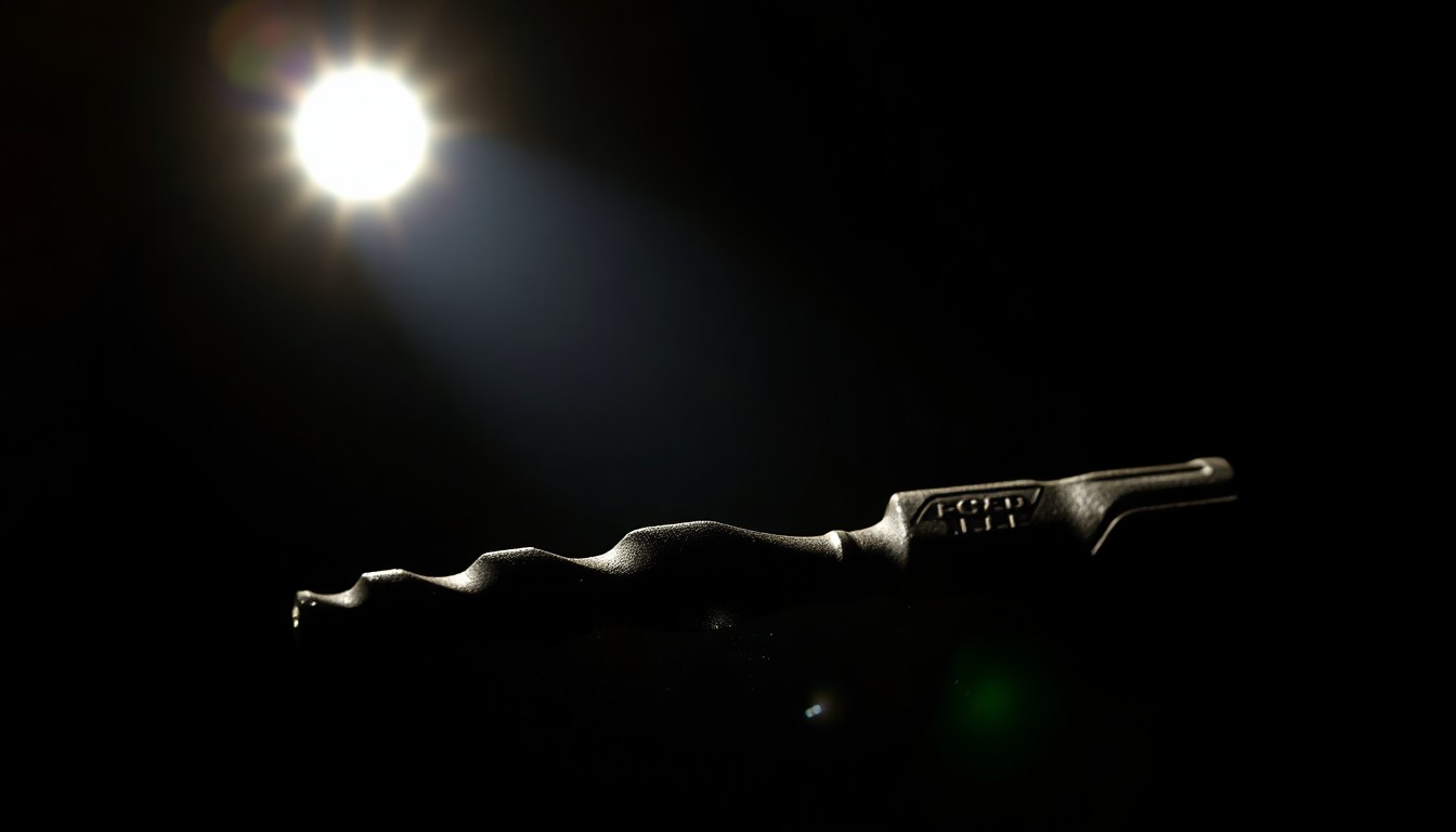 An extreme close-up photograph of a discarded jackhammer bit, lit by a harsh, direct camera flash against a pitch-black background, conceptually representing the tools used to conceal a brutal crime.